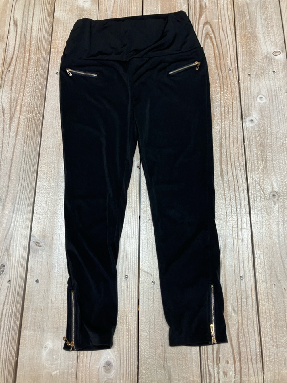 Black Stretch Ponte Leggings with Gold Zippers